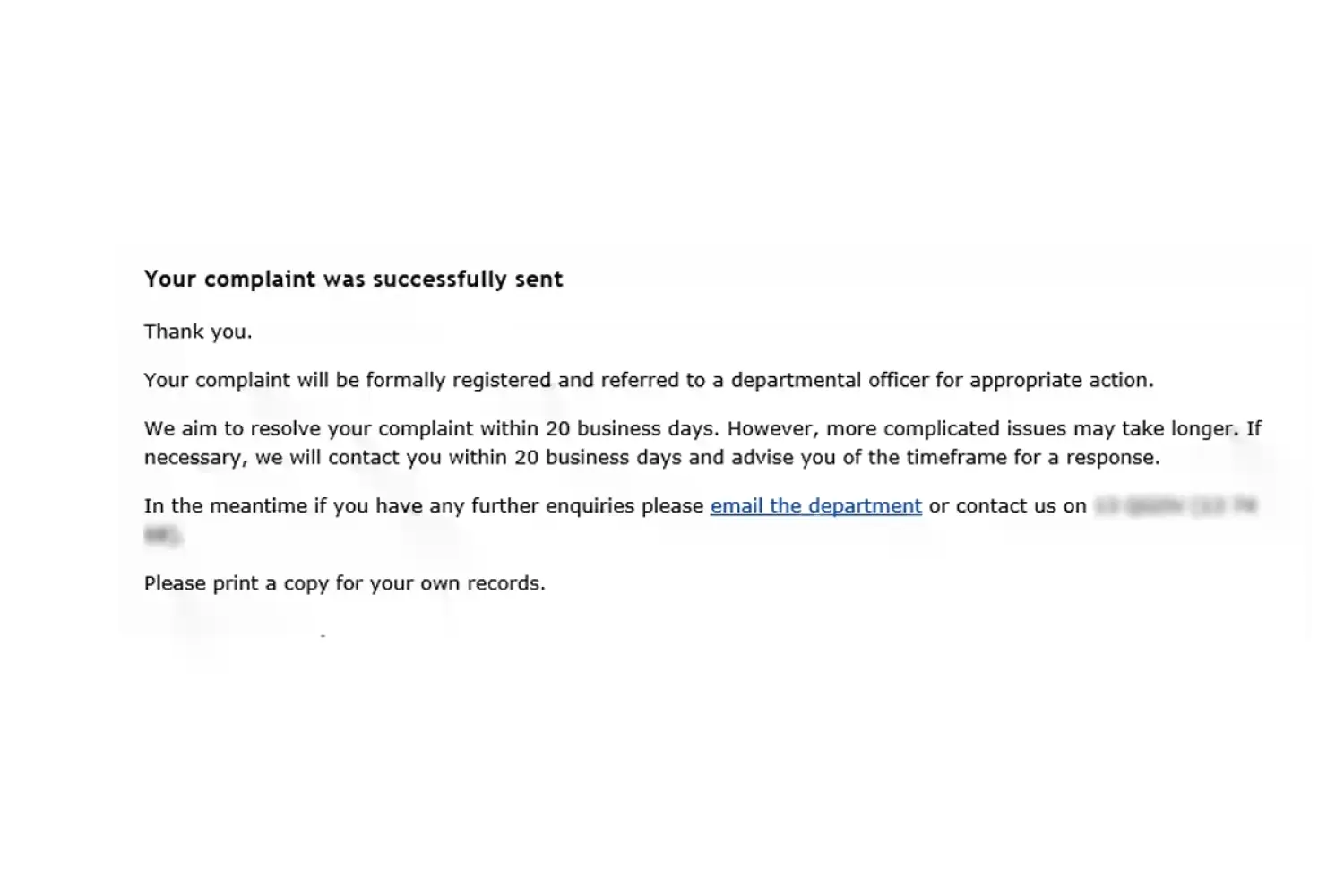Complaint Successfully Sent Message